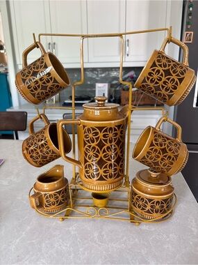Vintage-Style Brown Ceramic Coffee Set with Stand - 7-Piece